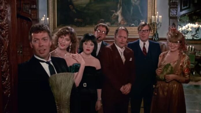 The cast of Clue greeting an unexpected guest 