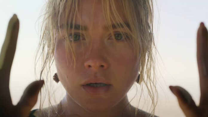Florence Pugh looking straight ahead in teary panic in Don